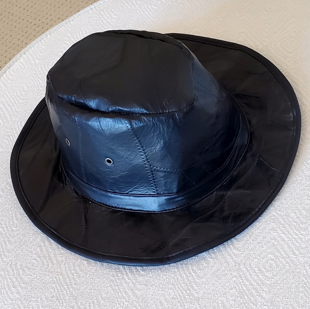 Black Genuine Leather Patchwork Fedora Hat, OS, L… - image 11